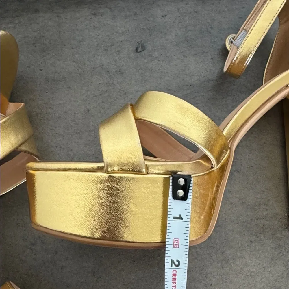 COMJUY Gold Metallic Platform Block High Heel Sandals Peep Toe Women's Size 8